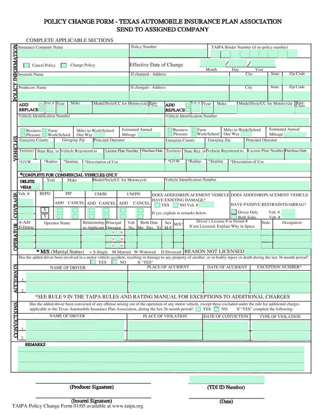 POLICY CHANGE FORM   TEXAS AUTOMOBILE INSURANCE PLAN ASSOCIATION screenshot