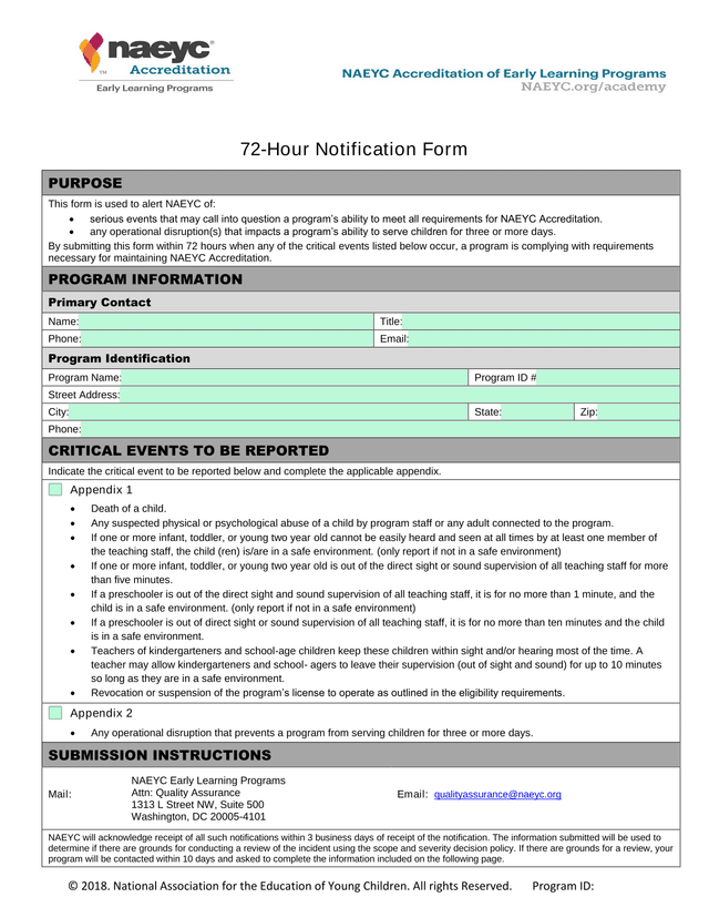 72 Hour Notification Form screenshot