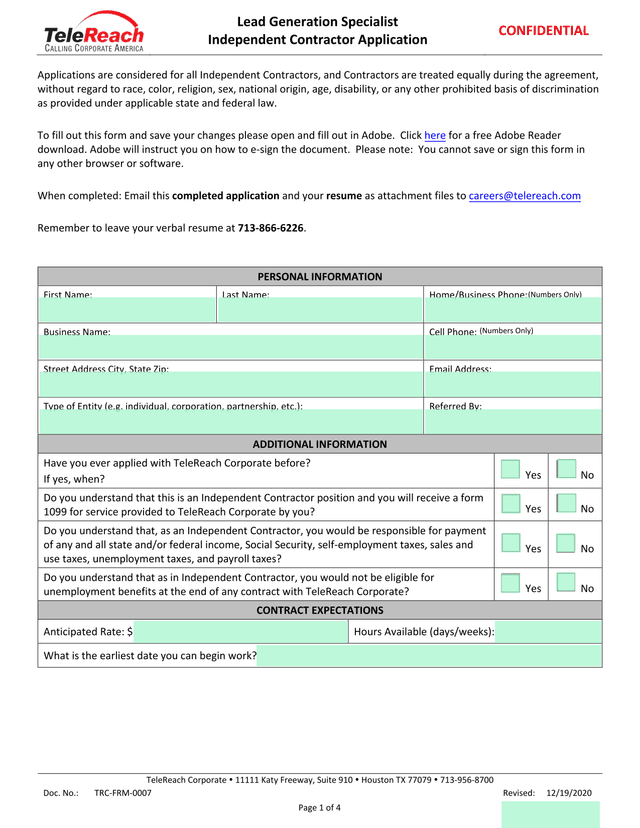 Lead Generation Specialist Independent Contractor Application screenshot