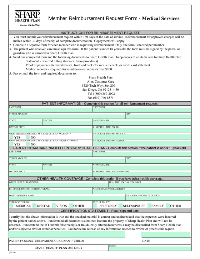 Sharp Health Plan Reimbursement Request Form screenshot