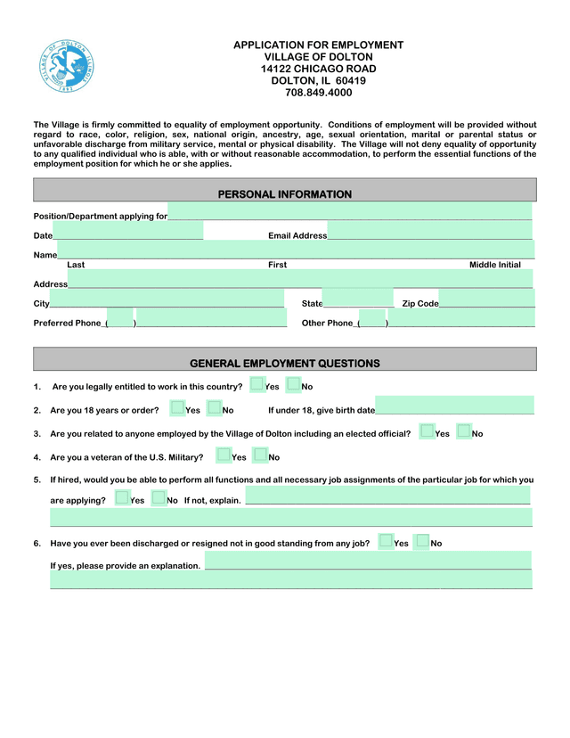 APPLICATION FOR EMPLOYMENT screenshot