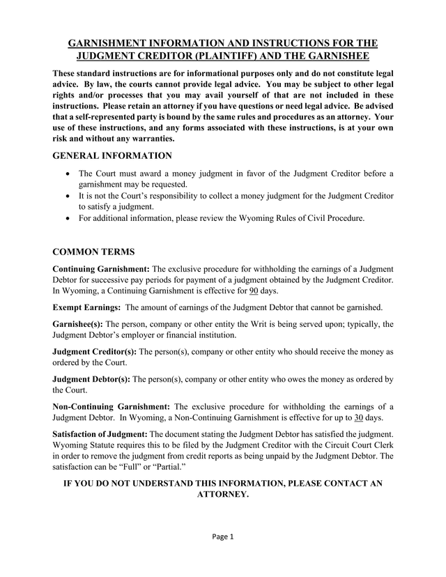 Garnishment Information And Instructions For The Judgment Creditor (Plaintiff) And The Garnishee screenshot