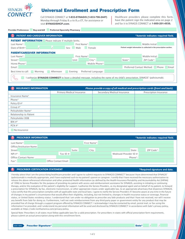 SYNAGIS CONNECT Patient And Prescriber Information Form screenshot