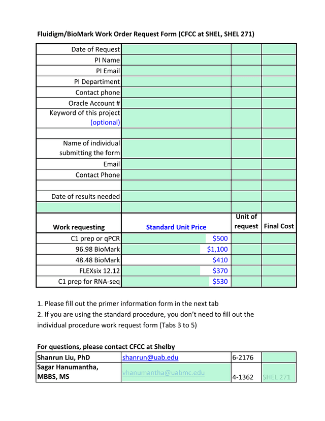 FluidigmBioMark Work Order Request Form (CFCC At SHEL, SHEL 271) screenshot