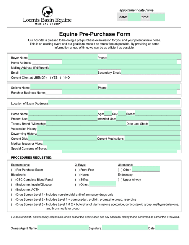 Equine Pre Purchase Form screenshot