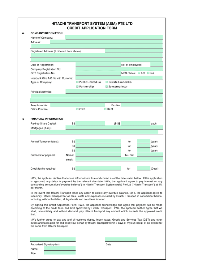 Credit Application Form screenshot