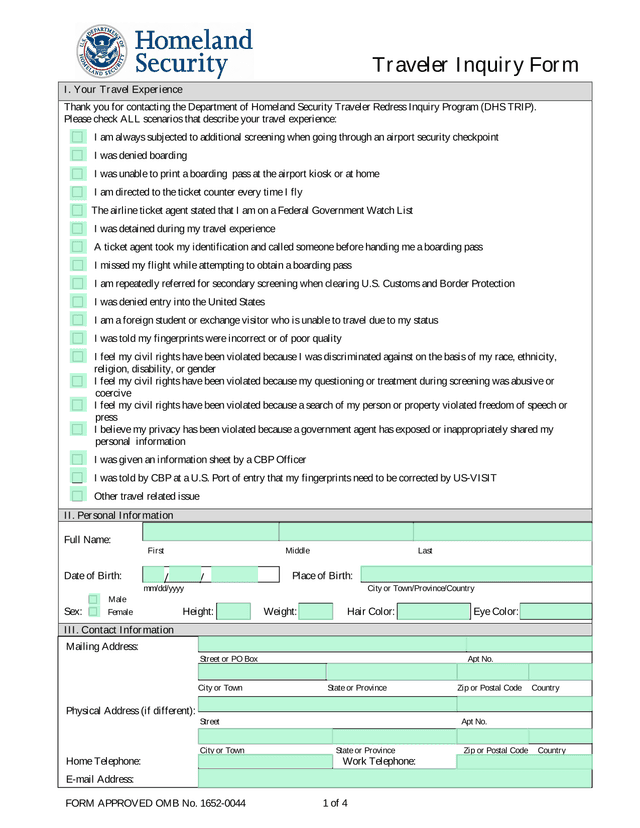 Traveler Inquiry Form screenshot