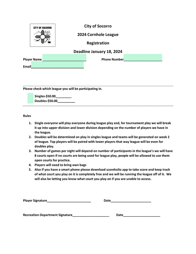 City Of Socorro 2024 Cornhole League Registration screenshot
