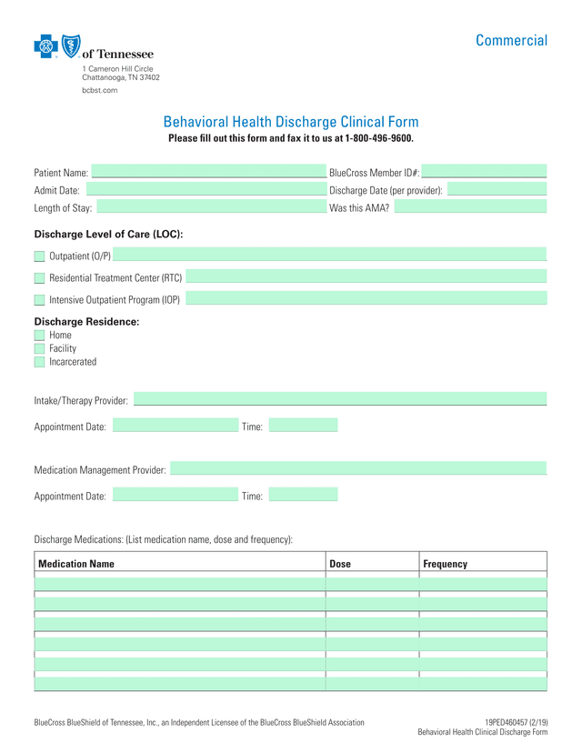 Behavioral Health Discharge Clinical Form screenshot