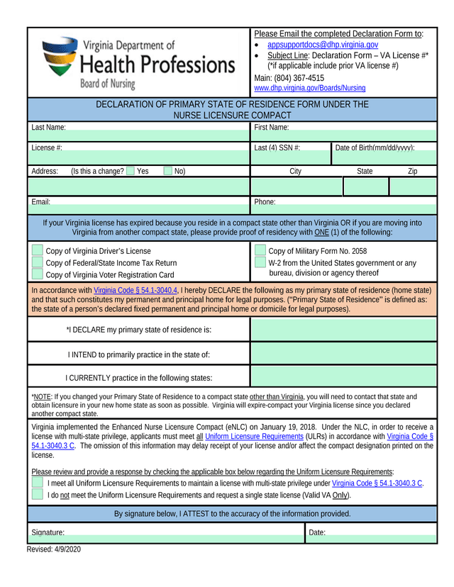Declaration Of Primary State Of Residence Form Under The Nurse Licensure Compact screenshot