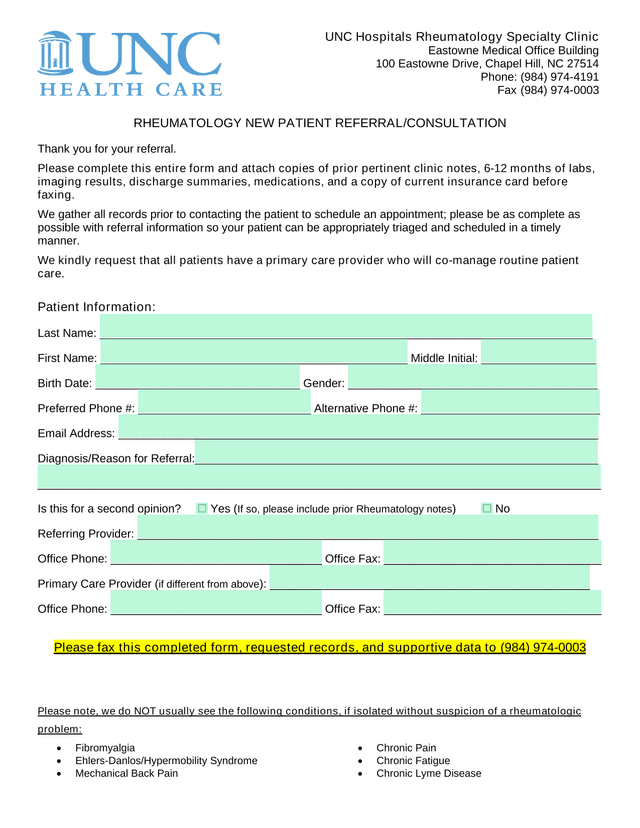 Rheumatology New Patient ReferralConsultation screenshot