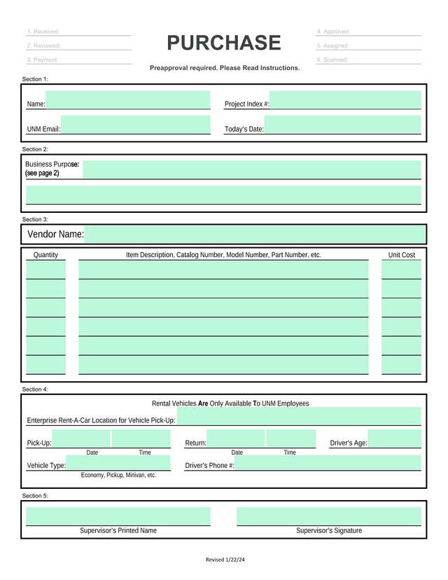 UNM Purchase And Rental Vehicle Form screenshot