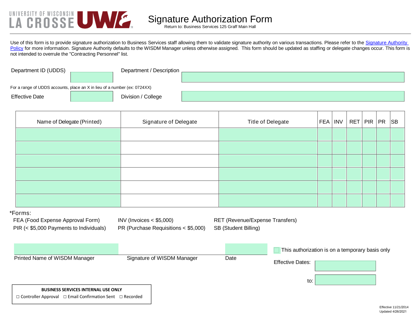 Signature Authorization Form screenshot
