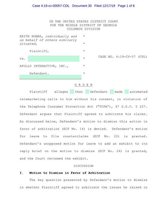 Hobbs V. Apollo Interactive, Inc. Order screenshot