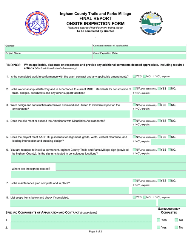 Ingham County Trails And Parks Millage FINAL REPORT ONSITE INSPECTION FORM screenshot