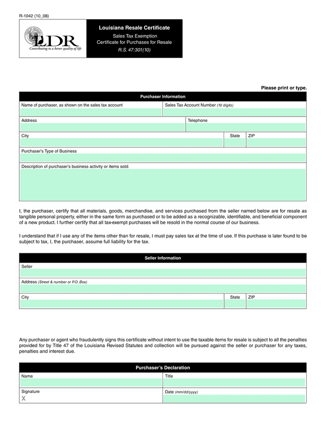 Louisiana Resale Certificate screenshot