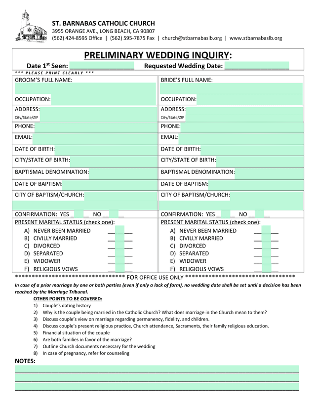 Preliminary Wedding Inquiry screenshot