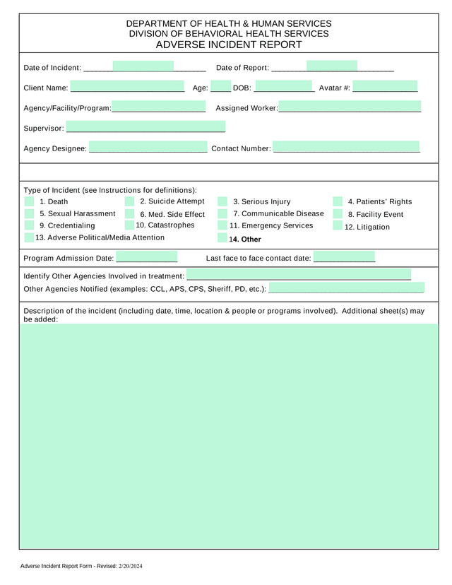 Adverse Incident Report Form screenshot