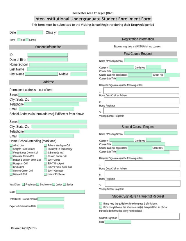 Rochester Area Colleges (RAC) Inter Institutional Undergraduate Student Enrollment Form screenshot