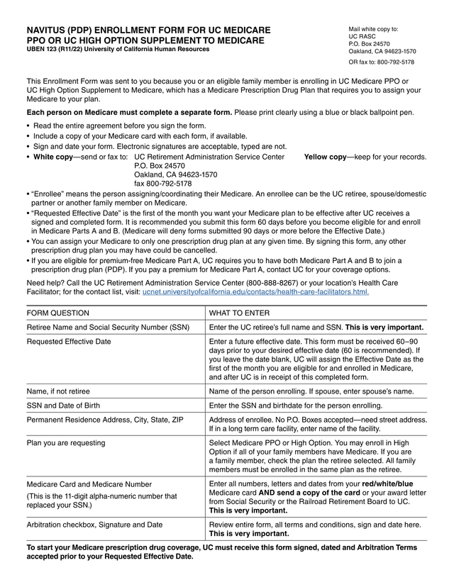 UC Medicare PPOHigh Option Supplement Enrollment Form screenshot