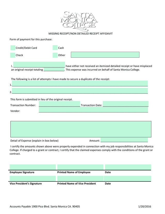 Missing ReceiptNon Detailed Receipt Affidavit screenshot