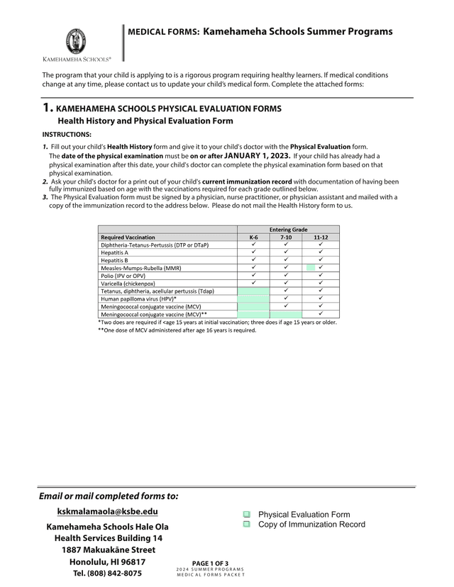 Kamehameha Schools Summer Programs Medical Forms screenshot