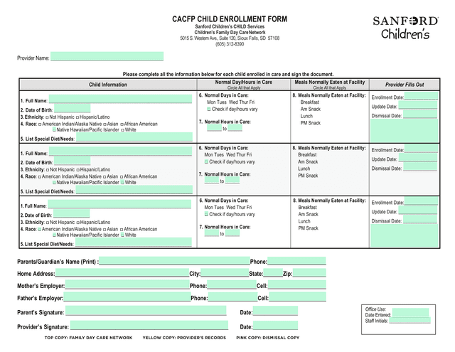 CACFP CHILD ENROLLMENT FORM screenshot