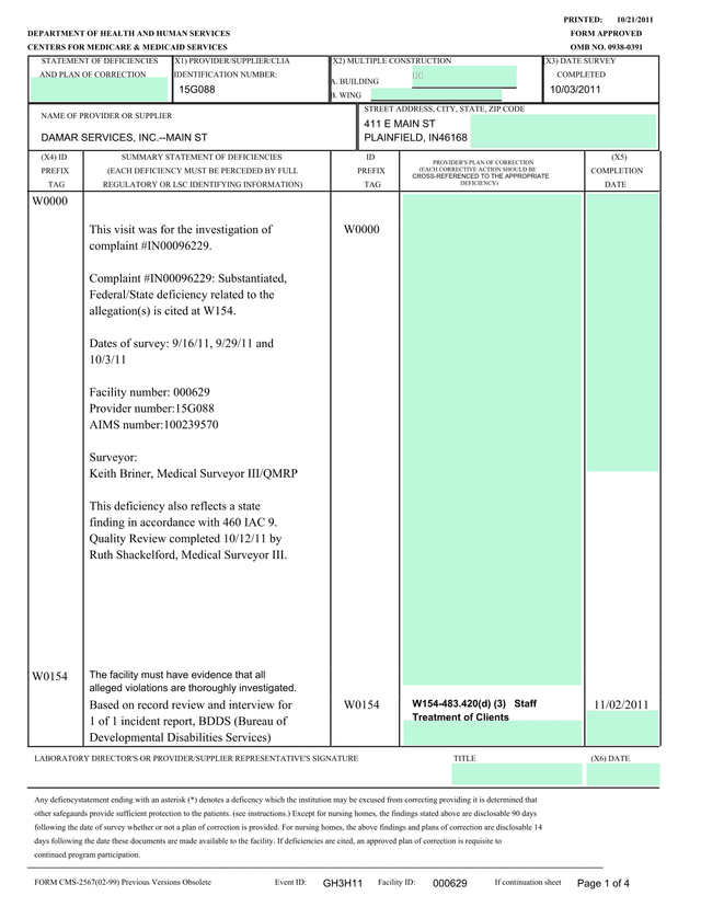 Statement Of Deficiencies And Plan Of Correction screenshot