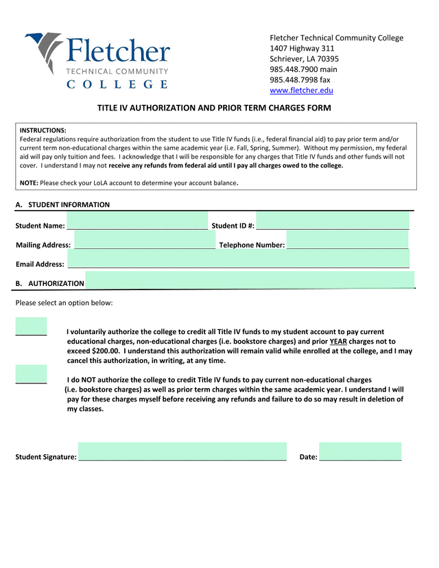 Title IV Authorization And Prior Term Charges Form screenshot