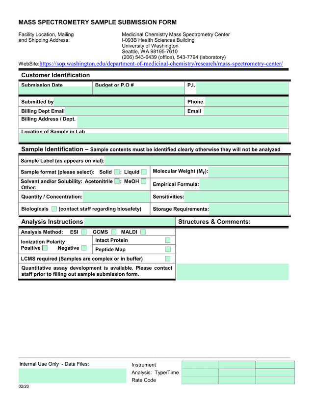 Mass Spectrometry Sample Submission Form screenshot