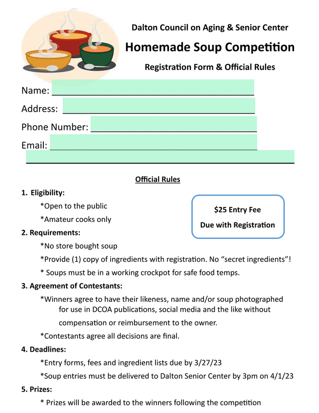 Dalton Council On Aging  Senior Center Homemade Soup Competition Registration Form  Official Rules screenshot
