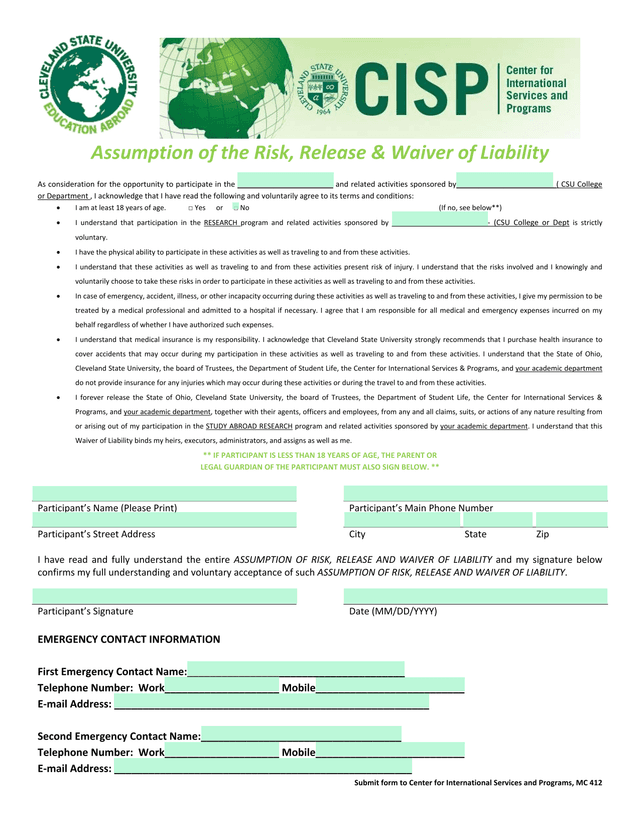Assumption Of The Risk, Release  Waiver Of Liability screenshot