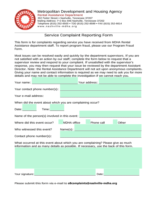 Service Complaint Reporting Form screenshot