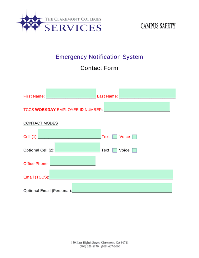 Emergency Notification System Contact Form screenshot