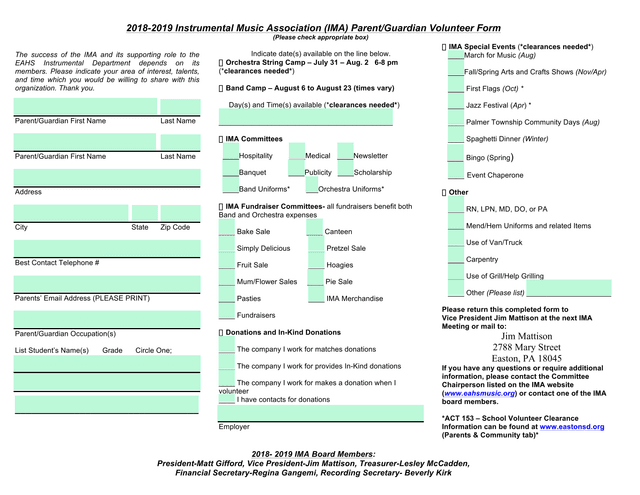 2018 2019 Instrumental Music Association (IMA) ParentGuardian Volunteer Form screenshot