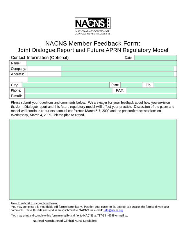 NACNS Member Feedback Form Joint Dialogue Report And Future APRN Regulatory Model screenshot