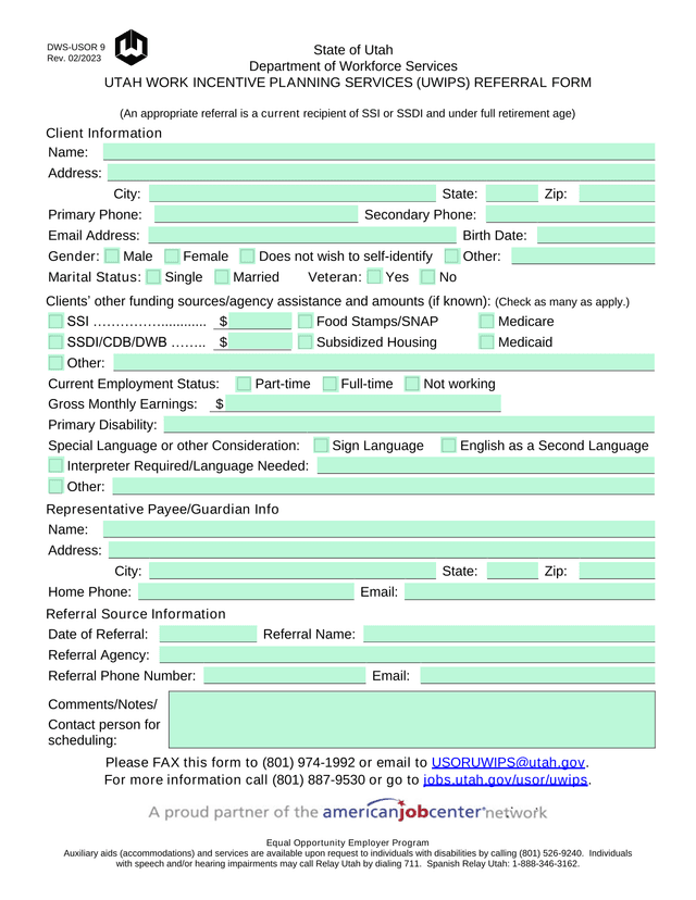 Utah Work Incentive Planning Services (UWIPS) Referral Form screenshot