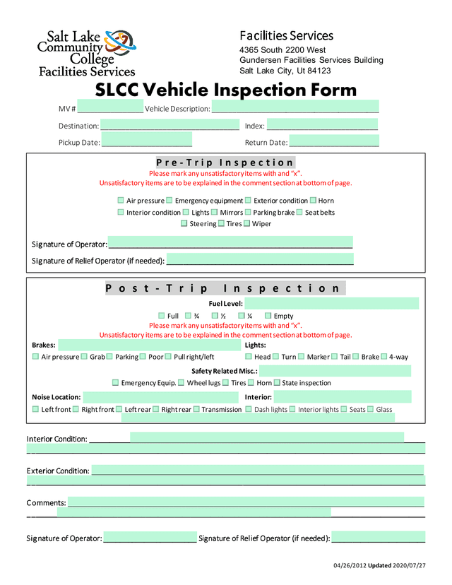 SLCC Vehicle Inspection Form screenshot