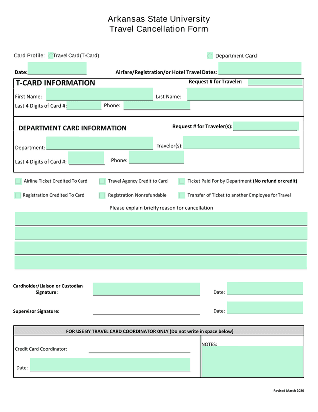 Arkansas State University Travel Cancellation Form screenshot