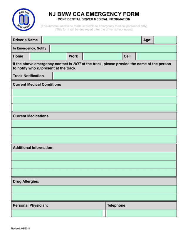 NJ BMW CCA EMERGENCY FORM screenshot