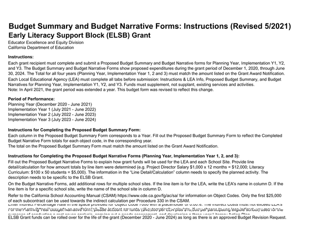 Budget Summary And Budget Narrative Forms Instructions (Revised 52021) screenshot