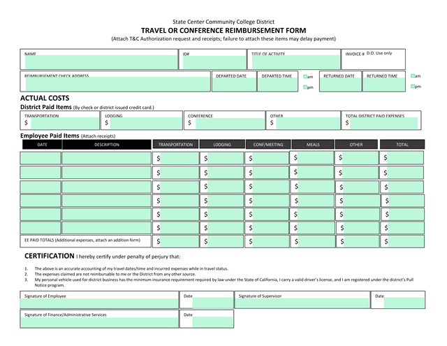Travel Or Conference Reimbursement Form screenshot