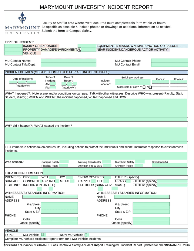 Marymount University Incident Report screenshot