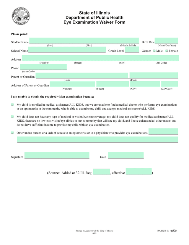Eye Examination Waiver Form screenshot