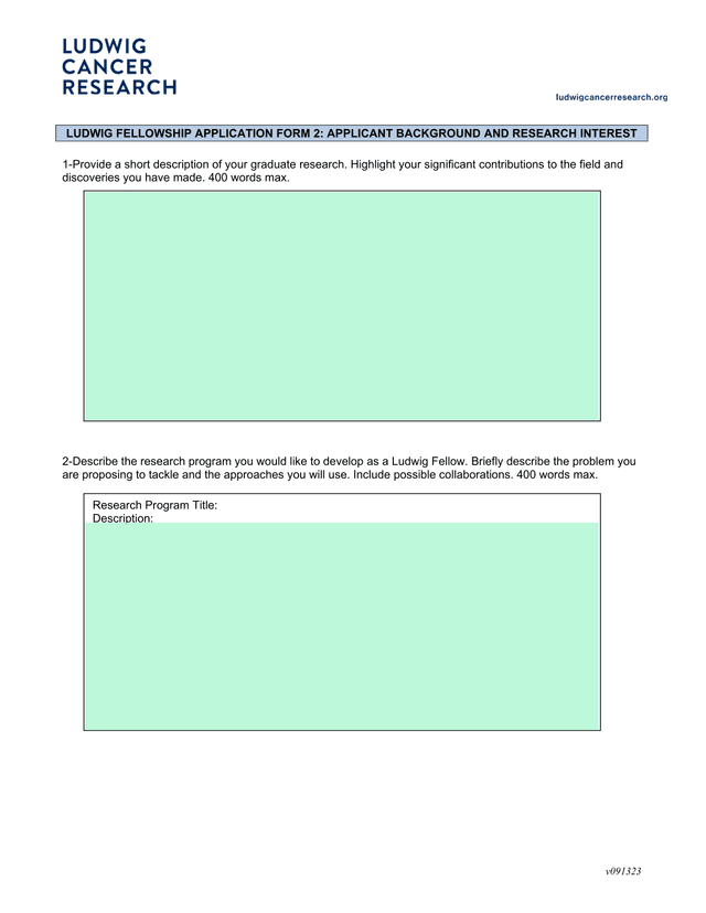 LUDWIG FELLOWSHIP APPLICATION FORM 2 APPLICANT BACKGROUND AND RESEARCH INTEREST screenshot