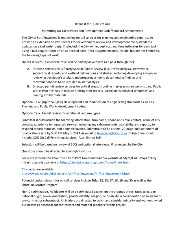 Request For Qualifications Permitting On Call Services And Development CodeStandard Amendments screenshot