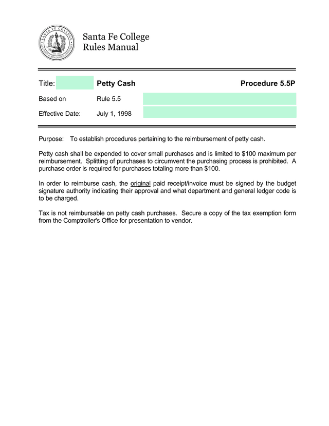 Petty Cash Procedure 5.5P screenshot