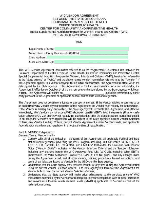 WIC Vendor Agreement screenshot