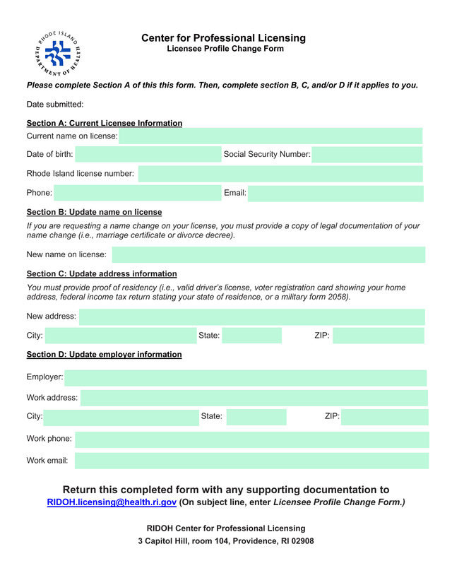 Licensee Profile Change Form screenshot