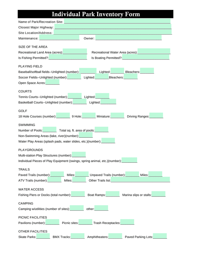 Individual Park Inventory Form screenshot